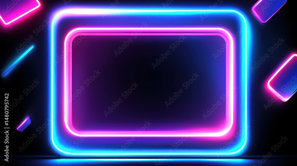 Poster Neon rectangle frame with abstract glowing shapes on dark background