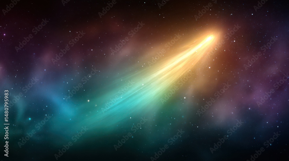 Poster glowing comet trail with cosmic particles in a vibrant deep space sky, perfect for tech, science or 