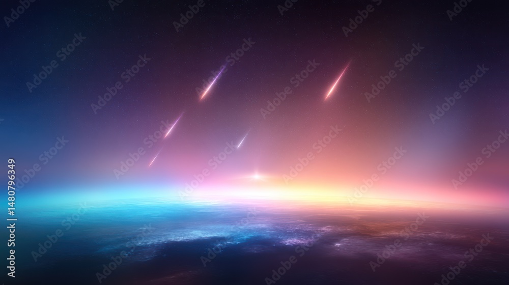 Aufkleber Surreal comet abstract background with multiple neon comets flying over dark planet surface, glowing atmosphere, sci-fi concept