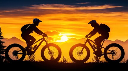 Obraz premium Two mountain bikers enjoy a beautiful sunset ride together