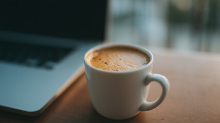cup of coffee, on wooden table, next to laptop, working from home themes