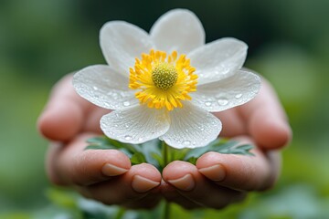 Delicate white flower held gently in cupped hands.
