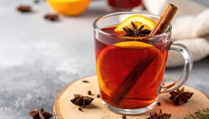 Aromatic winter drink in a clear glass mug.