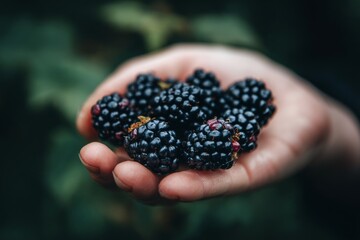 Close-up of Hand Holding Ripe Blackberries with a Natural Green Background for Fresh Ingredient Concepts