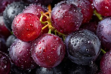 Close-up shows fresh red and black grape cluster, covered in water droplets for vibrant colors, juicy look, and market appeal