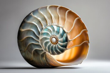 Detailed nautilus shell cross-section showcasing its intricate spiral pattern and iridescent chambers, illuminated with a soft studio light.