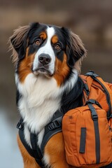 Dog with a backpack, looking upward