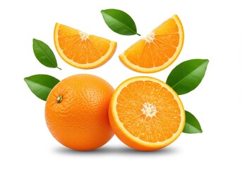 Fresh oranges with green leaves are arranged on a white background in a still life