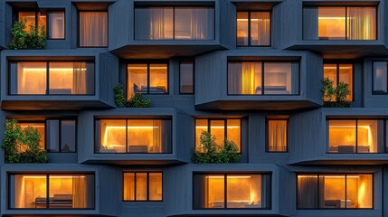 Modern apartment building facade with lit windows and foliage