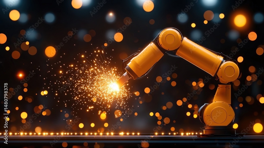 Aufkleber an industrial robotic arm is welding and generating sparks