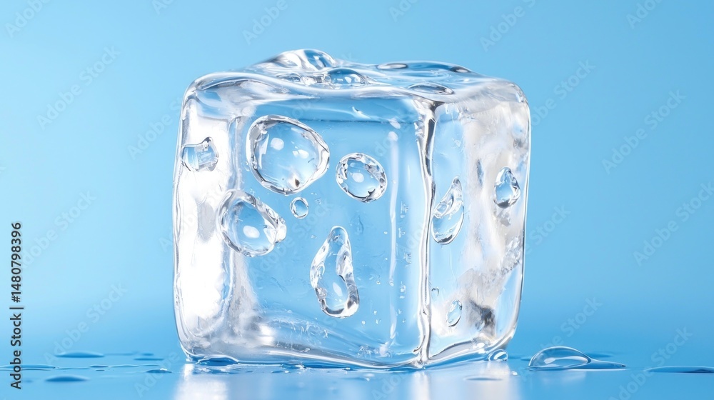 Poster clear ice cube with bubbles on light blue surface