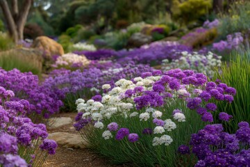 Obraz premium Carpet of Purple and White Sea Thrift Flowers Blooming in a Lush Garden