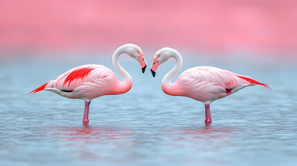 Obraz premium Two Pink Flamingos Forming a Heart Shape in Shallow Water