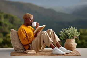 black man drinking coffee in the morning, watching sunrise with coffee and bible