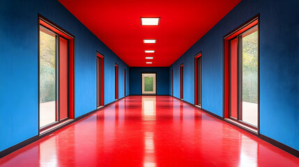 Obraz premium A vibrant hallway with red floor and blue walls, featuring evenly spaced doors and windows offering glimpses of nature
