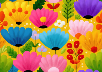 Bright, colorful floral pattern. Variety of blooms and foliage on a golden background