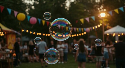 AI-generated colorful bubbles float at an outdoor festival