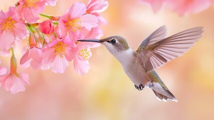Naklejka premium Hummingbird sips nectar from the blossoms of a flowering tree