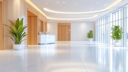 Obraz premium Bright modern lobby with plants and reception desk is showcased