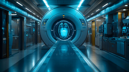 Futuristic medical scanner room with a brain scan displayed