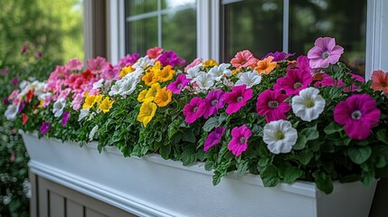 Colorful window box overflowing with vibrant flowers