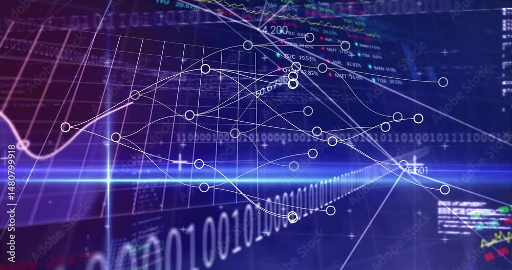 Poster Animated 3D grid visualizing white nodes, curved lines, streaming stock tickers and binary code