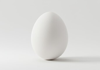 A single white egg sits on a plain white surface in a studio shot with soft lighting