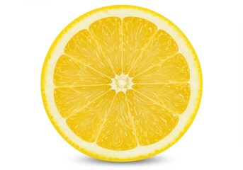 Close up of a vibrant yellow lemon slice showing its juicy segments on a white background