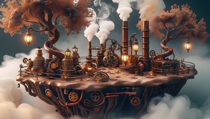 Steampunk Floating Island with Gears and Pipes
