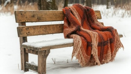 Wooden park bench covered with a warm blanket in the snow
