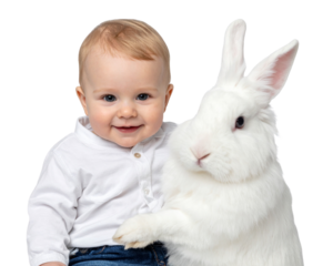A white Easter bunny holding a smiling child isolated on a transparent background