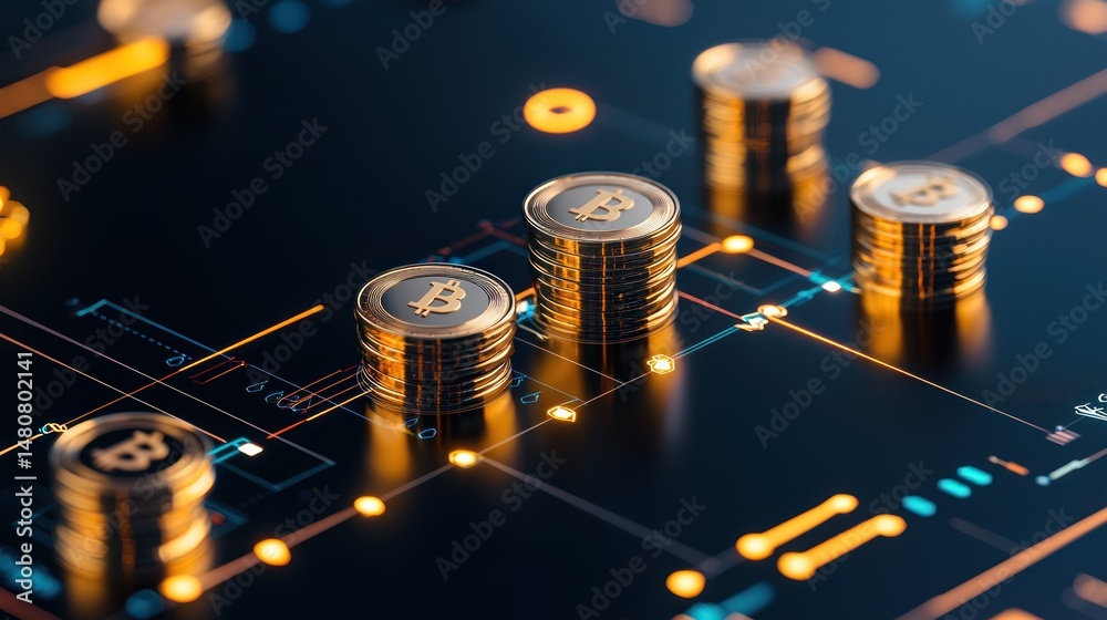 Poster Stacks of bitcoins displayed on a futuristic technological background