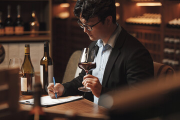 Sommelier Writing Notes on Degustation Card in Wine Cellar