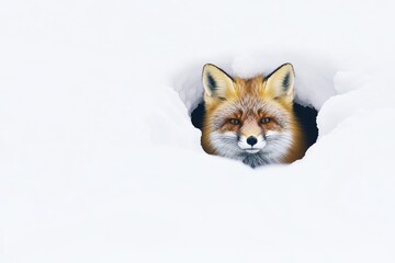 A red fox emerges from a snowy den, its vibrant fur contrasting the stark white winter landscape.