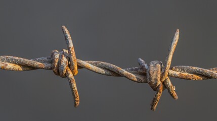 Macro of barbed wire twist showing rust texture sharp edge highlights