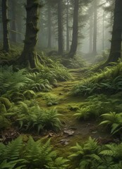 Deep green ferns and moss carpet the forest floor ,  environment,  vegetation