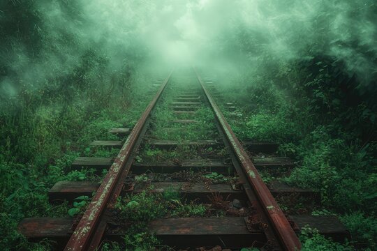 Overgrown and eerie railway tracks disappear into the mist, surrounded by lush greenery.