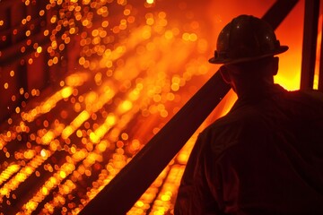 Steelworker supervising molten metal in foundry or steel mill