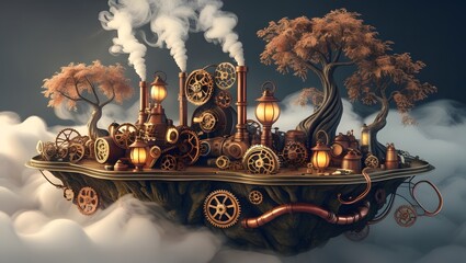 Steampunk Floating Island with Gears and Pipes