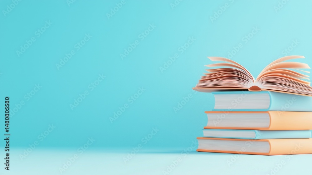 Aufkleber Stack of books with one open on a plain background