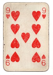 A well worn vintage playing card in the suit of hearts isolated on a white background.