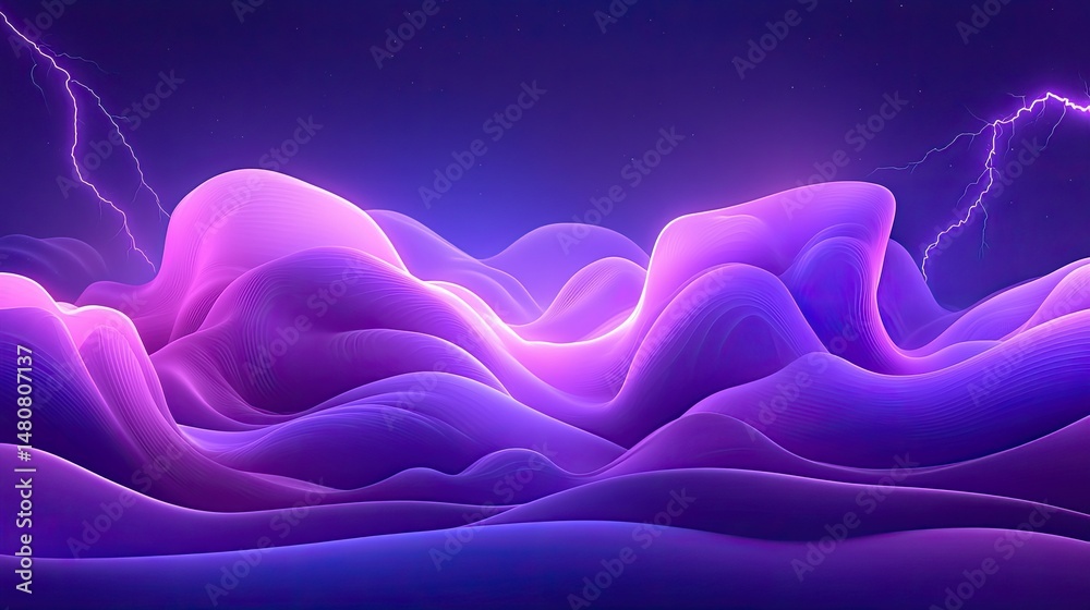 Poster lightning strikes above abstract glowing purple undulating landscape
