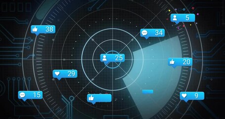 Bright blue social media notification bubble showing 25 hovering over radar grid with pulsing icons - Powered by Adobe