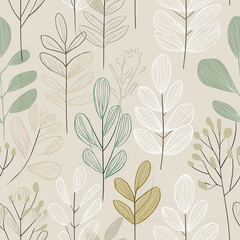 Seamless Hand-Drawn Botanical Leaf Pattern in Neutral Earth Tones