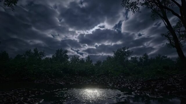 Moonlight is reflecting on swamp water in a dark forest at night, creating a mysterious and magical atmosphere with dramatic clouds and trees