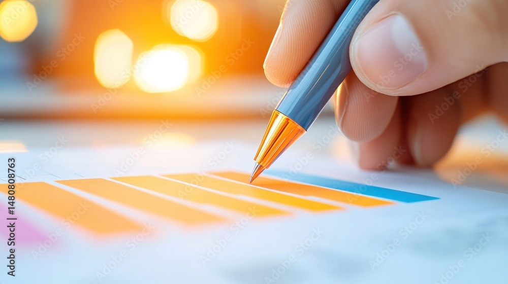 Poster A person analyses a bar chart using a writing instrument