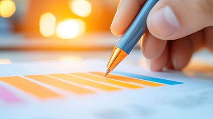 A person analyses a bar chart using a writing instrument