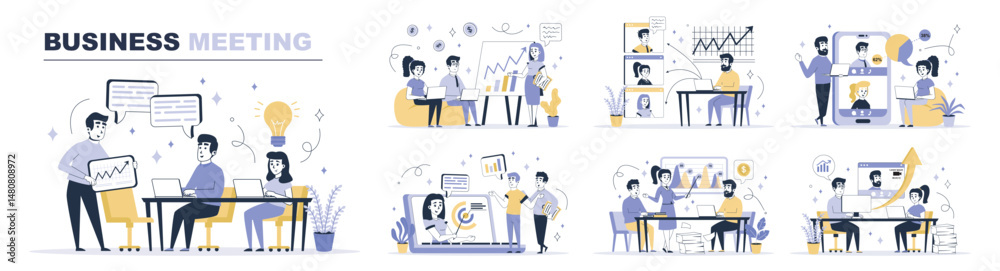 Poster Business meeting concept set in flat web design. Collection with people discussing and cooperate at conference, working in team by video call. Flat vector illustration isolated on white background.