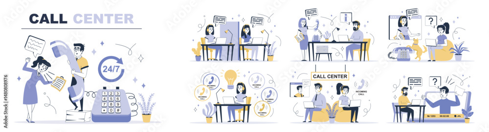 Aufkleber Call center concept set in flat web design. Collection with people calling in support, operators answering, make consultations, find solutions. Flat vector illustration isolated on white background.