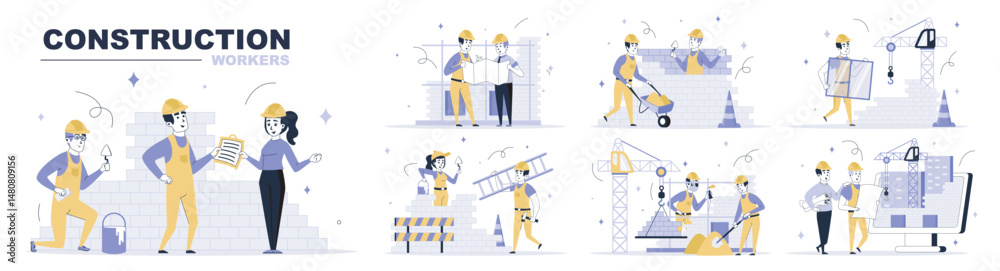 Poster construction workers concept set in flat web design. collection with people in helmets and uniforms 